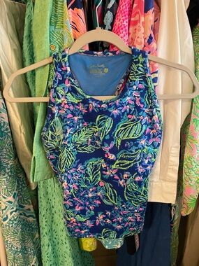 Lilly Pulitzer Navy Tank with Neon Green and Pink Floral Print